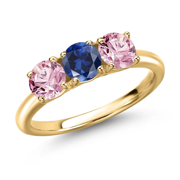 Gem Stone King 18K Yellow Gold Plated Silver Blue Created Sapphire and Pink Lab Grown Diamond Engagement Ring for Women | 1.60 Cttw | Round 5MM | Gemstone September Birthstone | Size 7