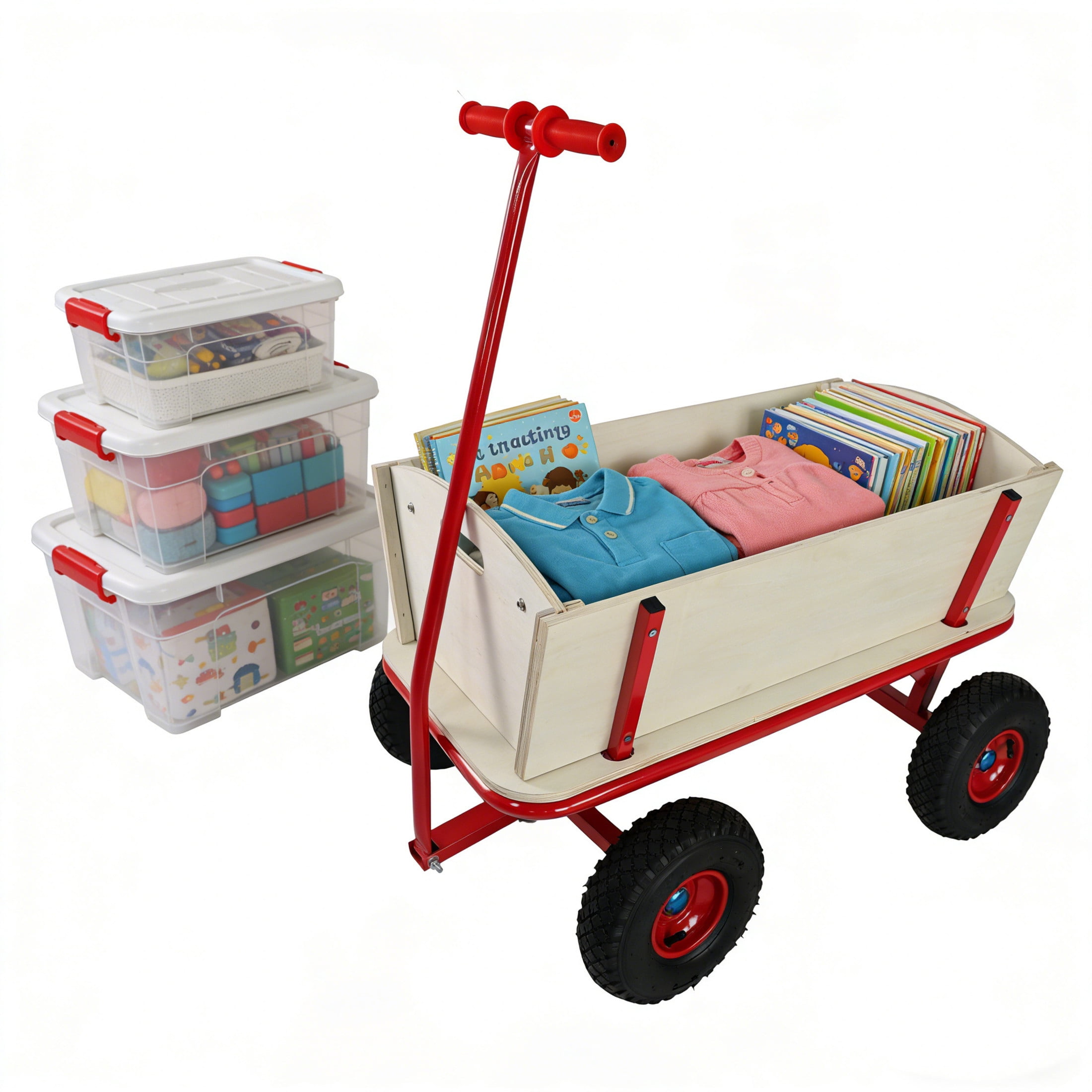 GDF Studio Children's Outdoor Wooden Carriage, Heavy Duty Metal Frame Stroller with Rubber Tires, Red & White