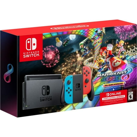 Nintendo Switch Console with Blue & Red Joy-Con, Mario Kart 8 Deluxe (Full Game Download) & 3 Month Membership