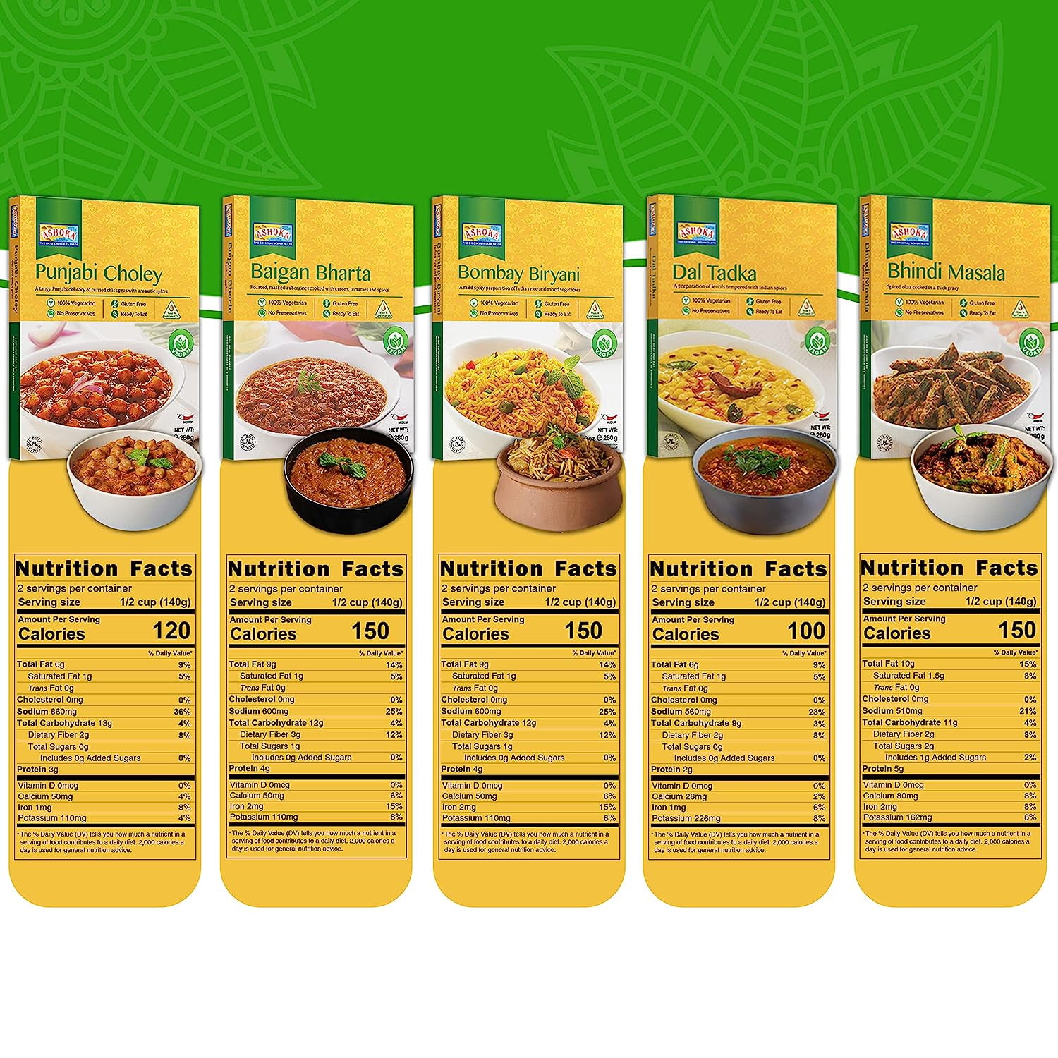 Ashoka Authentic Indian Meals 1932, Vegan Sampler Pack, Kosher Certified, Ready to Eat Meal Kit, All-Natural Microwave Friendly, Great for Hiking & Camping, Gluten-Free, No Preservatives, Pack of 9