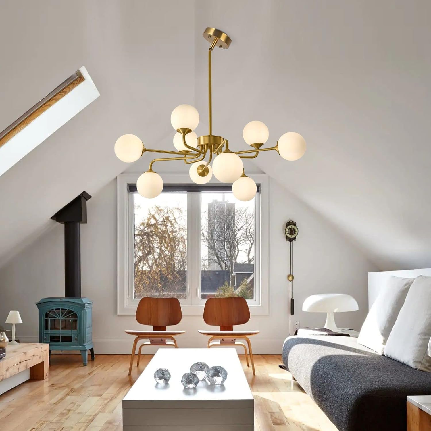 KCO Lighting 9 Light Mid Century Modern Gold Sputnik Chandelier, White Opal Glass Globe Pendant Light Fixture