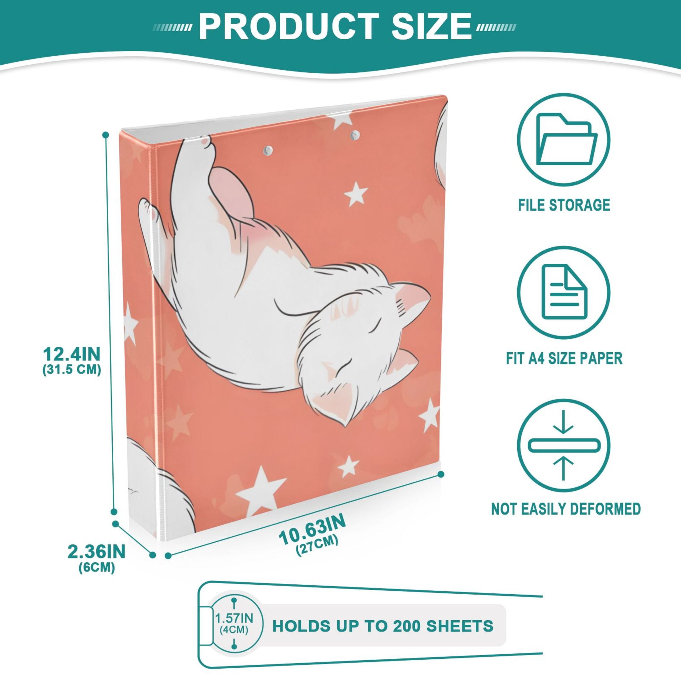 Lazy White Cats 3 Ring Binders 1.5 inch Hardcover File Folders with Interior Pockets A4 Size Organizer for School Office Hospital