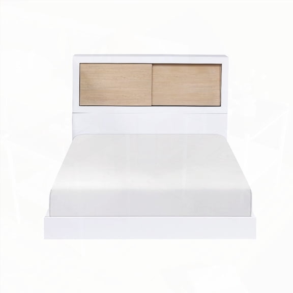 Twin Size Bed with Pine Veneer Bookcase Headboard in 2-Tone (White & Natural)