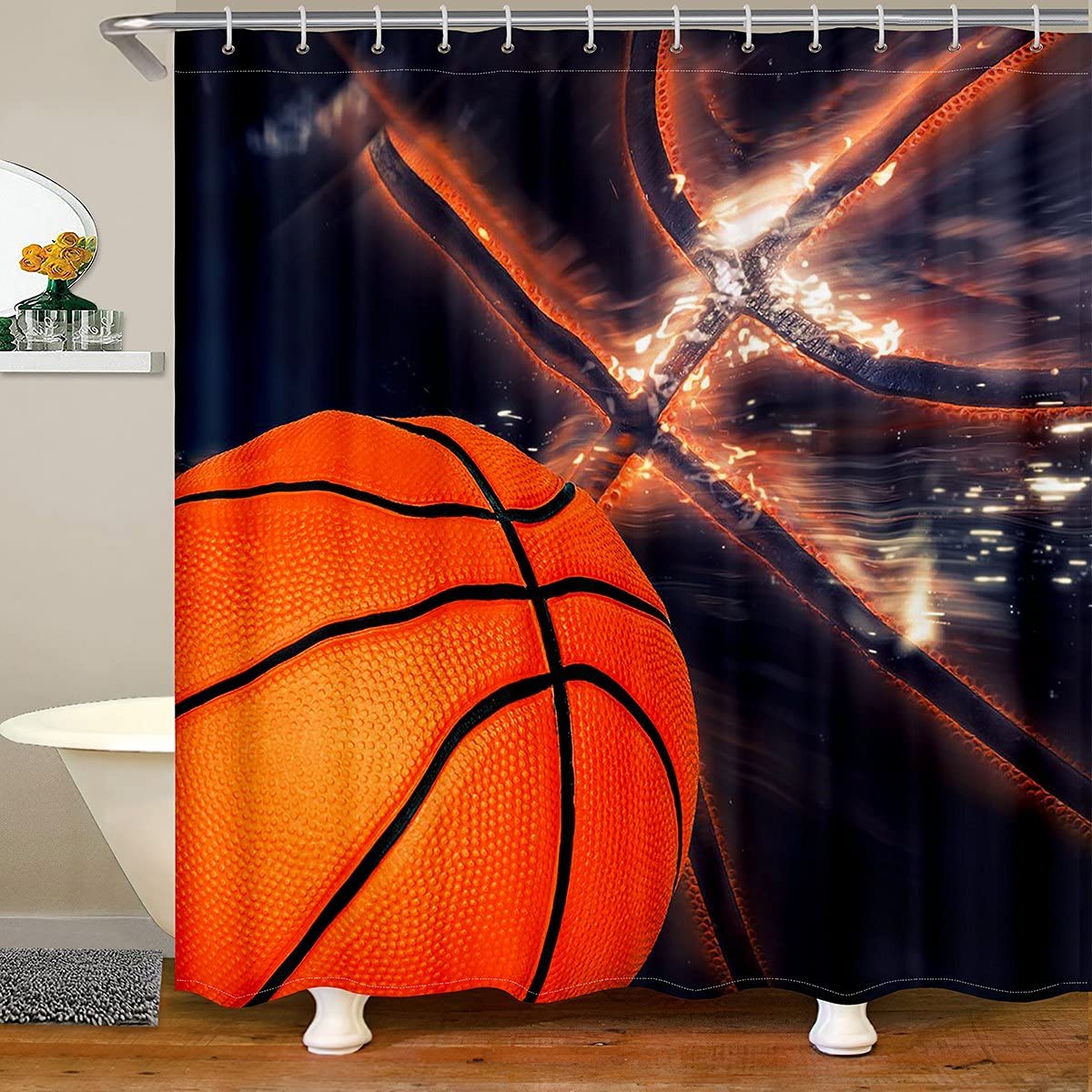 Basketball Shower Curtain Games Sports Bathroom Sets Fire Orange