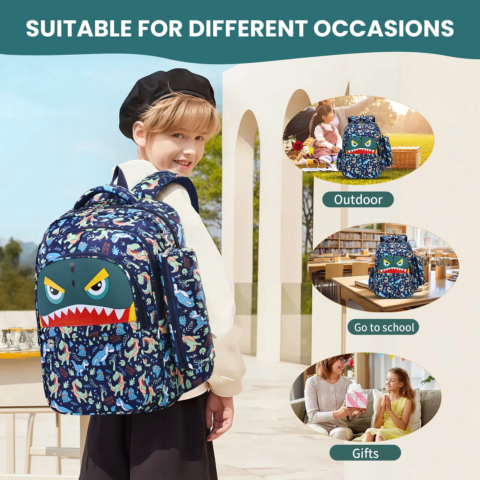 Burufy Kids School Backpack Set for Boys, 3-in-1 School Bag with Lunch Bag & Pencil Case for Primary Middle Students- Green