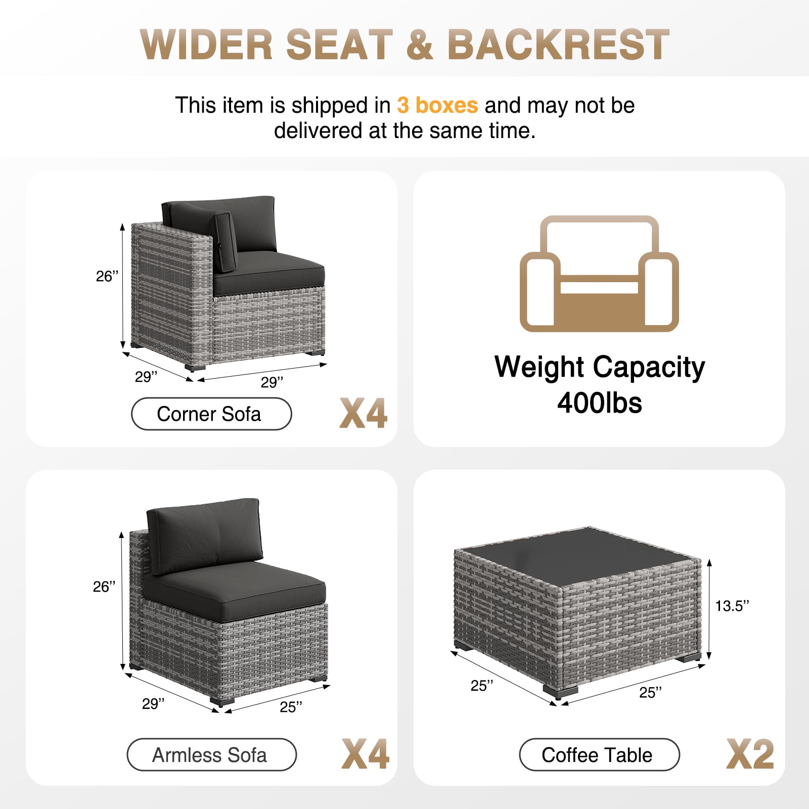 Aoxun 10 Piece Patio Furniture Set Wicker Rattan Patio Conversation Set Outdoor Sectional Sofa Set with Coffee Table and 4” Thickened Cushions, Black(Waterproof Cover Included)