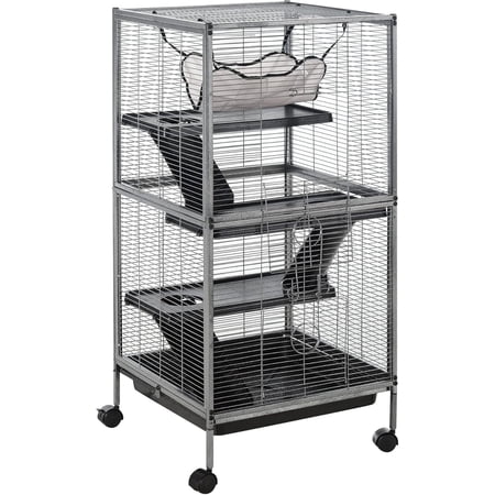 Metal Small Animal Cage, 4-Tiers Rolling Big Ferret Cage with Hammock, Removable Tray, for Chinchilla, Sugar Glider, Gray