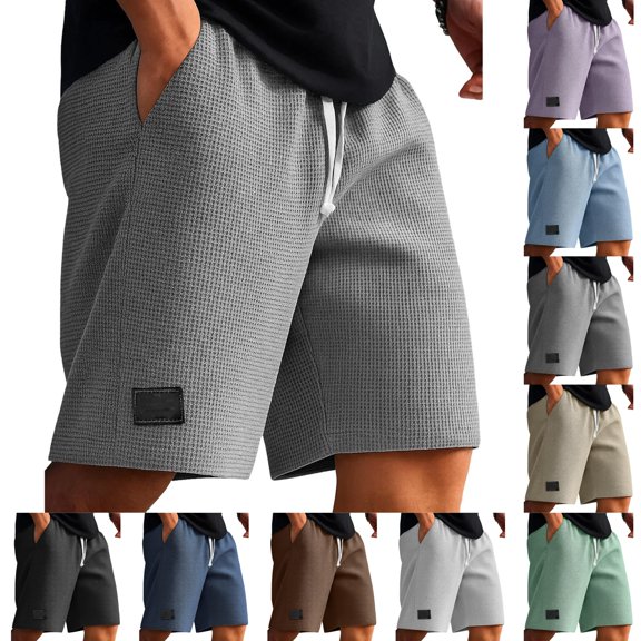 LIBRCLO Mens Shorts Drawstring Elastic Waist Waffle Shorts with Pockets Summer Solid Color Casual Fashion Loose Bottoms