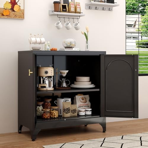 Metal Sideboard Buffet Cabinet with Storage,33 Inch Coffee Bar Cabinets with Adjustable Shelf, Black Kitchen Sideboard Cabinet for Dining Room, Living Room
