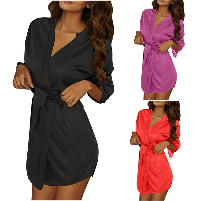 Wensltd 3PC Women Bathrobe Stylish Solid Color Lace Trim Robe Relaxed Fit Sleepwear All Season Home Wear
