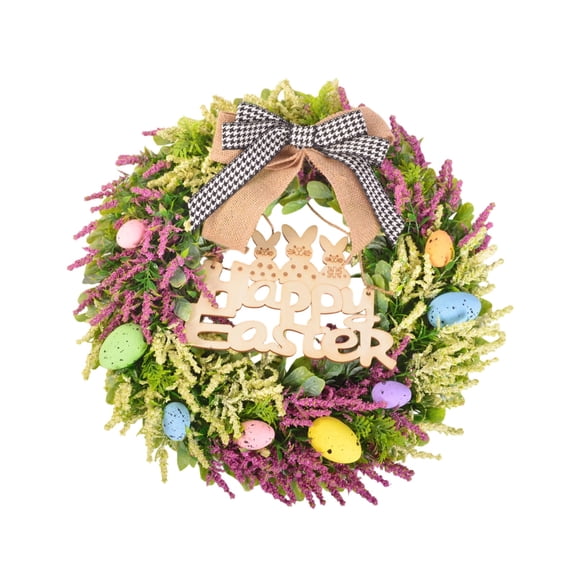 17in Easter Floral Wreath with Speckled Eggs, Wooden Bunny 'Happy Easter' Sign & Burlap Bow, Artificial Spring Wreath for Front Door, Wall, Home Easter Decor