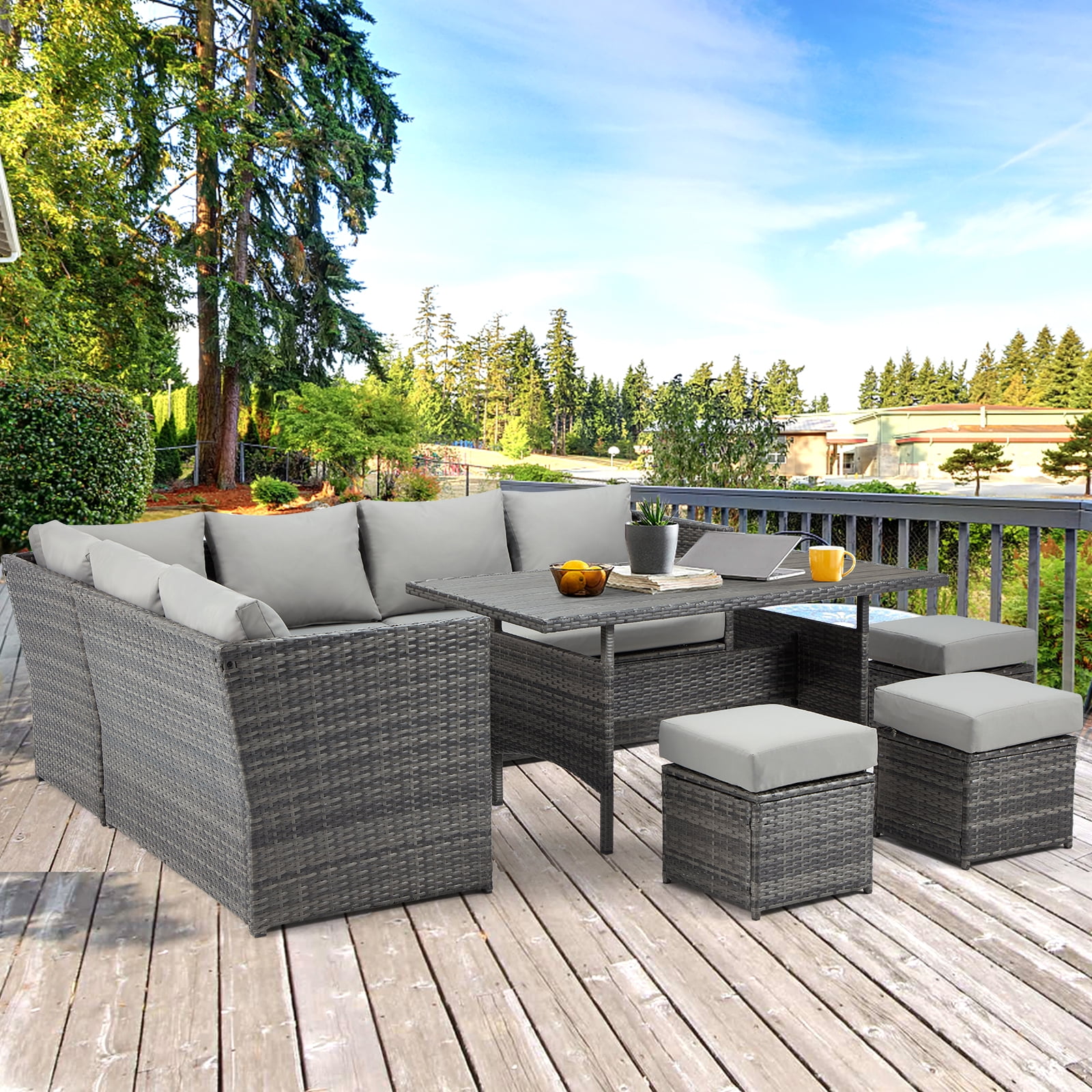 Danrelax 7-Piece Patio Conversation Set, Outdoor Sectional Sofa, PE Rattan Wicker, Steel Frame, Gray
