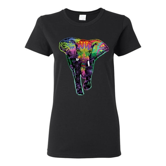 Colorful Rainbow Floral Elephant Animal Lover Womens Graphic T-Shirt, Black, Small