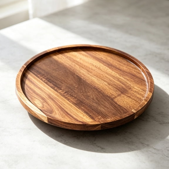 Round Wooden Serving Tray, Wood Platter For Coffee Fruit Cheese, Decorative Circular Wood Tray For Living Room Bar Party(Brown-7.87")
