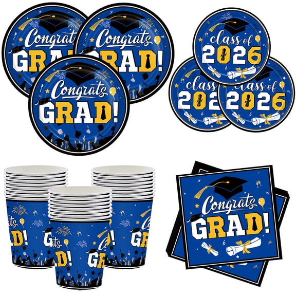 Graduation Party Supplies Graduation Plates and Napkins 2026 Tableware Set Graduation Decorations Class of 2026 Party Plates and Cups and Napkins Set Navy Blue Gold Graduation Decorations Serve 24
