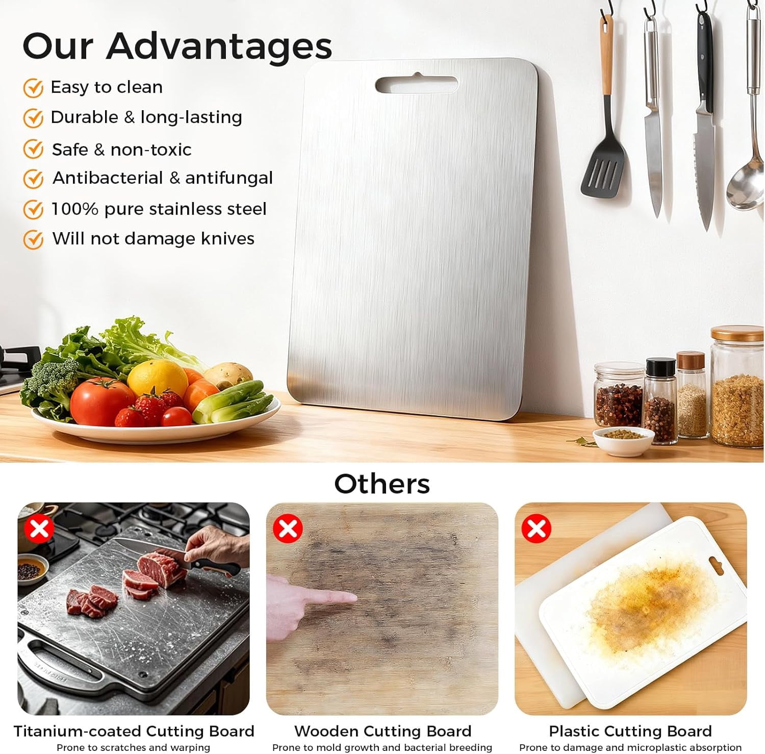 Tikeitoo Titanium Cutting Board Clearance Stainless Steel Cutting Boards for Kitchen, Double Sided Food Grade, Titanium Cutting Mat Chopping Boards for Meat Fruit & Vegetable Various Cooking Tasks
