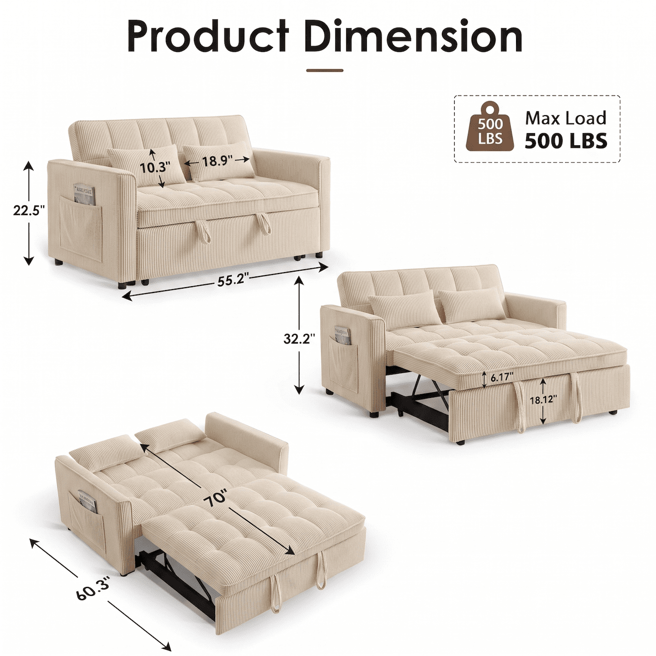 Xiweot 54" Sleeper Sofa Bed, Convertible Pull Out Couch for Living Room Apartment, Velvet Futon Loveseat Sofa Bed with Adjustable Backrest, Side Pockets, 2 Pillows, Easy Assembly (Beige)