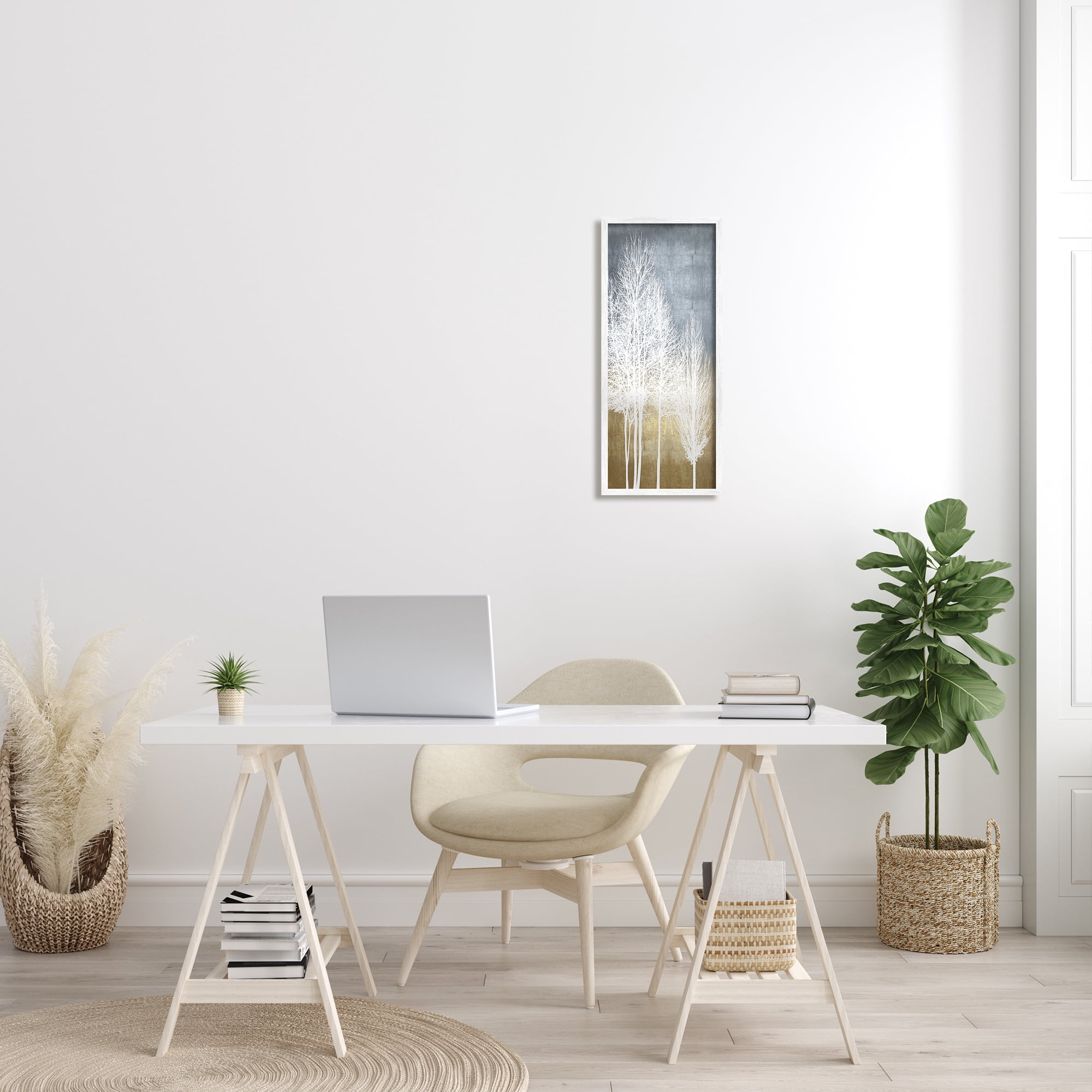 Stupell Industries Tall Tree Line Bare White Trees over Abstract Pattern Graphic Art White Framed Art Print Wall Art, 10x24, by Kate Bennett