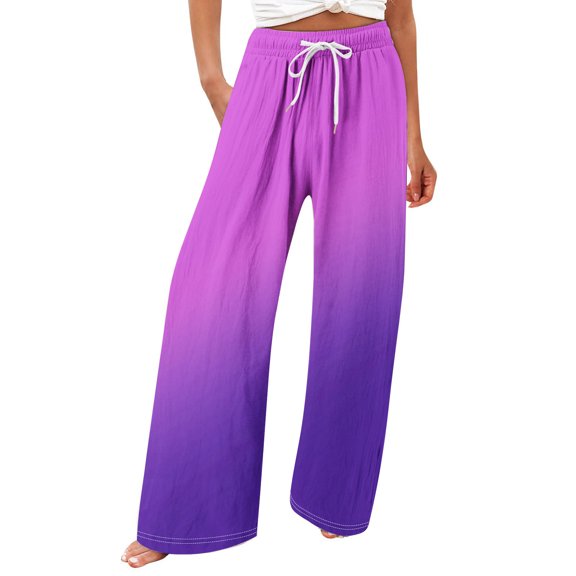 Lenpel Palazzo Pants for Women Plus Size Elastic High Waisted Drawstring Gradient Wide Leg Pants Baggy Casual Beach Trousers