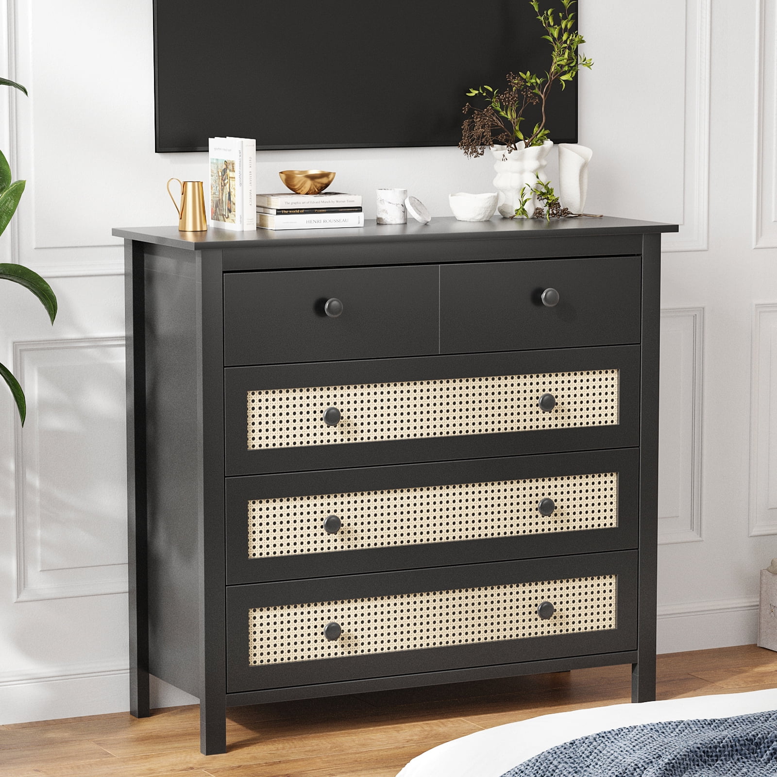 Aukfa 4 Drawer Dresser with Rattan Doors, Modern Boho Storage Cabinet Wooden Chest of Drawers for Bedroom, Living Room, Walnut
