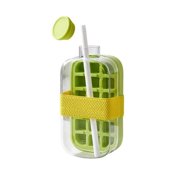 2025 Ice Cube Tray with Lid and Bin Quick-Fill Ice Cube Mold for Freezer Easy Press to Release Green No-Touch Ice Tray, Portable Straw Ice Cup (Green, Large)