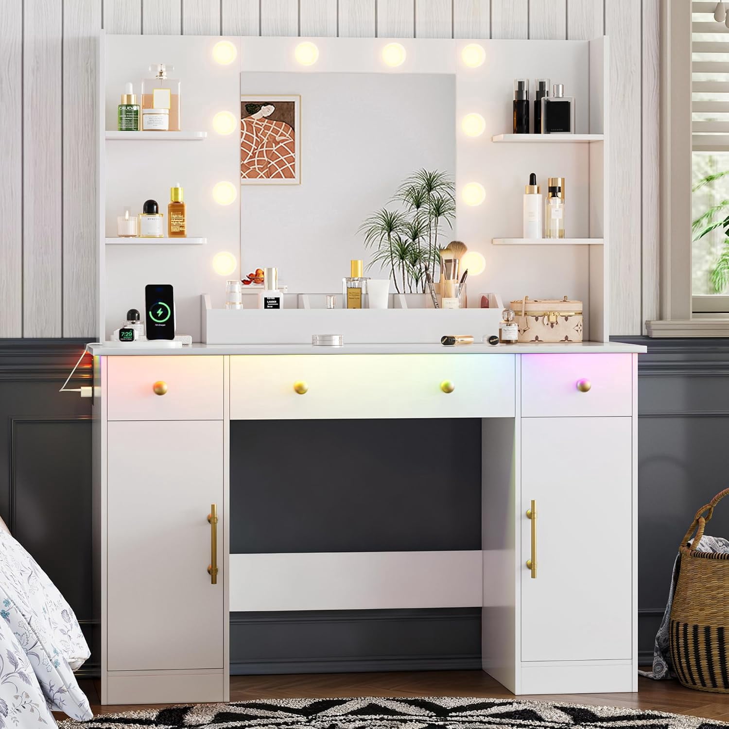 FANRAL 43'' Vanity Desk with 10 LED Lights,Under-Table RGB Strip & Built-in Power Station,Multi-Storage Makeup Table for Bedroom Bathroom Grooming,White Vanity