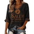 thumbnail image 2 of Sweatshirt for Women V Neck 3/4 Sleeve Pullover Retro Witch Broom Moon Graphic Printed Top Loose Fit Casual Fall Halloween Holiday Tops Dark Gray L, 2 of 5