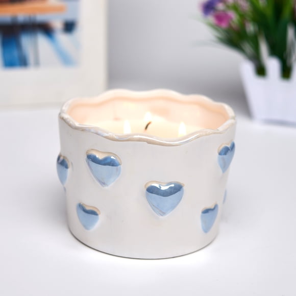 12oz Ceramic Blue Heart Candle, 3-Wick