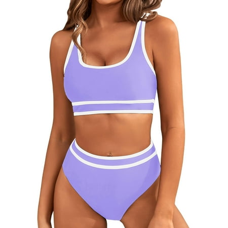 BUIgtTklOP Women s High Waisted Bikini Sets Sporty Two Piece Swimsuits Color Block Cheeky High Cut Bathing Suits
