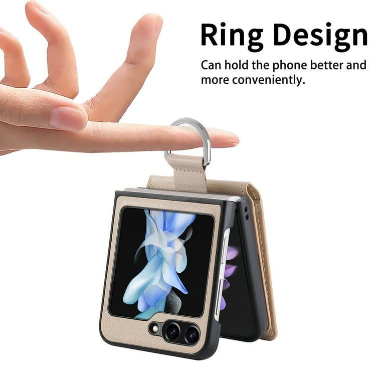 ★DESIGN SKIN★ Galaxy Z Flip 5 Ring Grip Leather Card Pocke for Samsung Galaxy Z Flip 5 Wallet Case with Card Holder