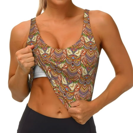Qokaie Owl Mandala Pattern Womens Scoop Neck Sports Bra Breathable Workout Vest Padded U Back Medium Impact Fitness Gym Yoga Bra Workout Crop Top