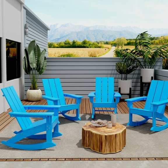GARDEN Set of 4 Modern Plastic Outdoor Rocking Chairs for Patio Porch, Pacific Blue