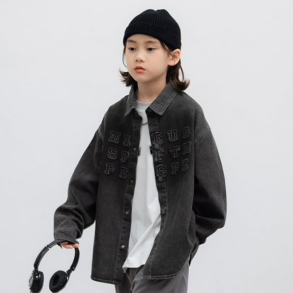 JIAYUE Tops for Boys Long Sleeve Denim Jacket Classic Black Comfortable Fit For Kids Autumn Casual Everyday Wear