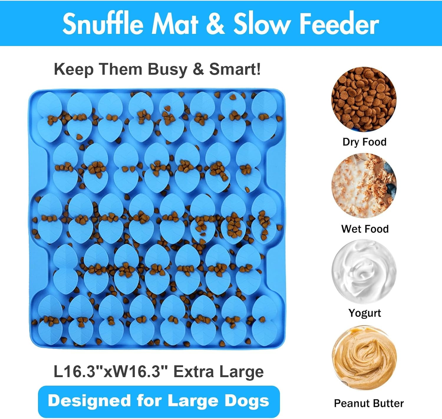 Silicone Snuffle Mat for Large Dogs, Dog Extra Large Lick Mat Slow Feeder with Suction Cups, Interactive Dog Puzzle Feeder Sniff Mat Foraging Mat for Smell Training Slow Eating, XXL Blue