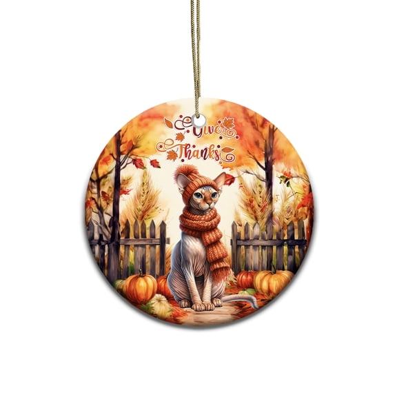 Happy Thanksgiving Sphynx Give Thanks Fall Beanie Scarf Welcome Ceramic Round Ornament Cat Lover Kitten Owner Gifts Idea Home Tree Decor - 00020