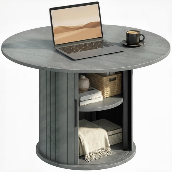 HOMCOM Table Basse Ronde, Table Centrale 31,5 Pouces avec Rangement, Gris Ciment