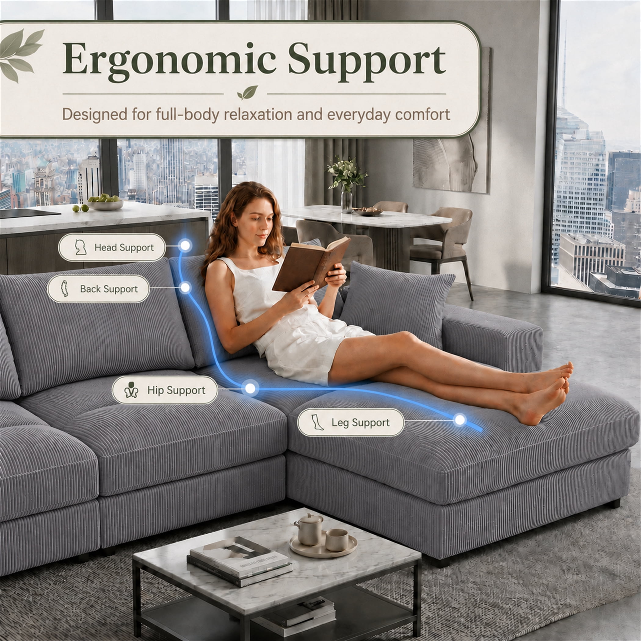 Aukfa 135" Oversized U shape Sectional Couch Modular Sofa for Living Room, 2 Ottoman&Pillows, 25" Deep Seat, Corduroy, Dark Gray