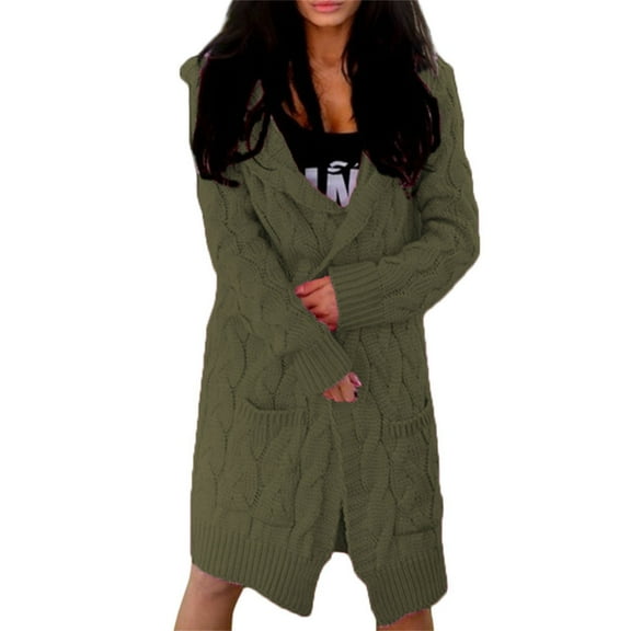 Breezora Oversized Hooded Cable Knit Cardigan Women’s Long Open Front Sweater Coat Cozy Chunky Weave with Pockets L Size Blackish Green