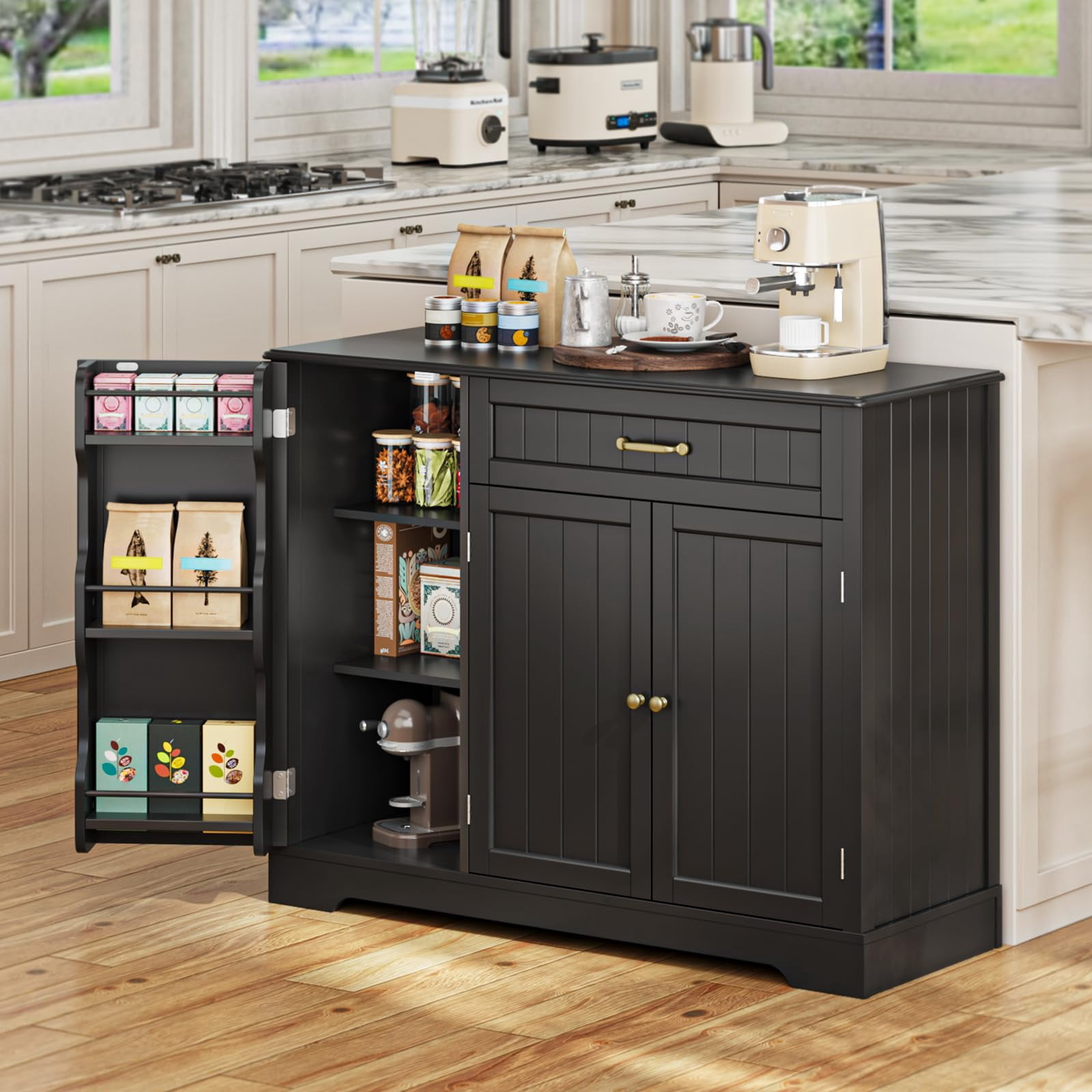 Coffee Bar Cabinet, Lofka 42" Farmhouse Kitchen Storage Sideboard Buffet Cabinet with 8 Shelves & 1 Drawer, Multifunctional Console Table for Dining Living Room Entryway Coffee Station, Black