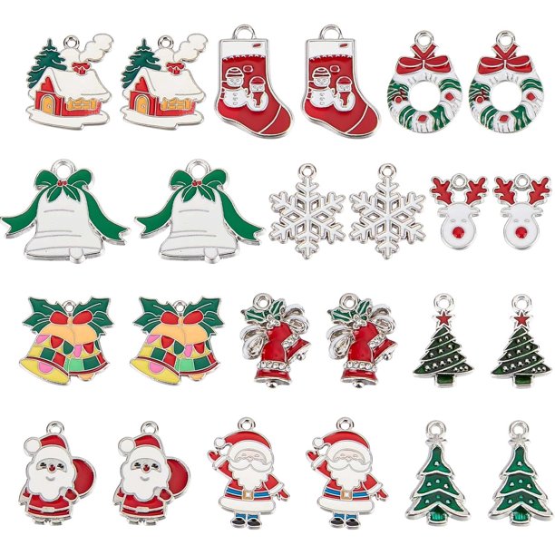 1 caja de 48 dijes navideños de esmalte plateado, con forma de árbol de Navidad, copo de nieve, calcetines de Papá Noel, campanas y colgantes de nieve.