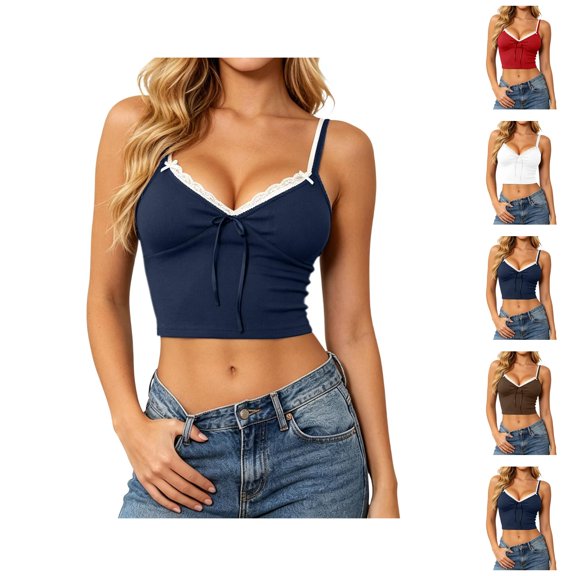 Crop Tops for Women Summer Color Block Spaghetti Strap Lace V Neck Low Cut Bow Front Slim Fit Y2k Camisole Going out Tank Top