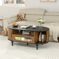 thumbnail image 4 of Fluted Coffee Table with Storage, Oval Coffee Table with Drawer&Sliding Door, Low Small Center Table for Living Room(Black and Walnut), 4 of 10