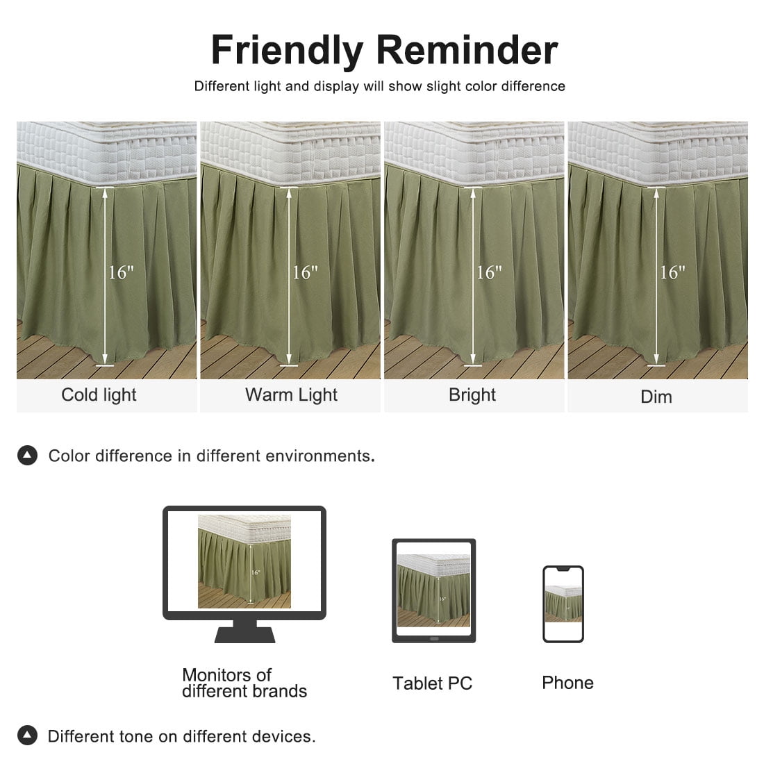 PiccoCasa Ruffled Brushed Bed Skirts Polyester Platform 16" Drop Queen Olive Green