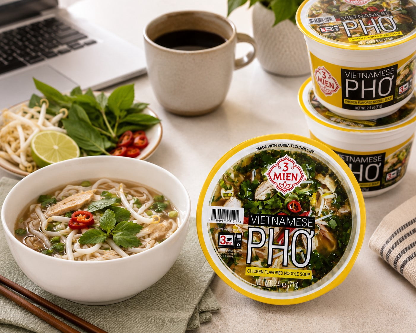 3 Mien Vietnamese Pho Chicken Flavored Instant Rice Noodle Soup Bowls, 2.5 oz Each, 4 Pack, Microwave Ready