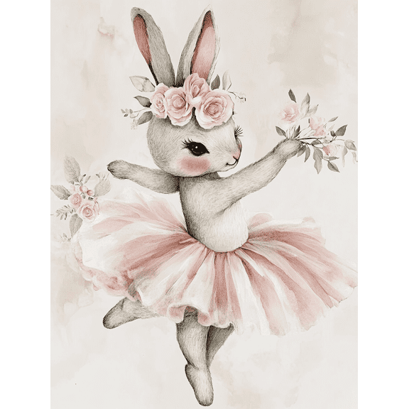 Ballet Bunny Rose Wreath Wall Art/Canvas Print, Suitable for Living Room, Bedroom, Nursery, Girl's Room, and Bathroom Decor