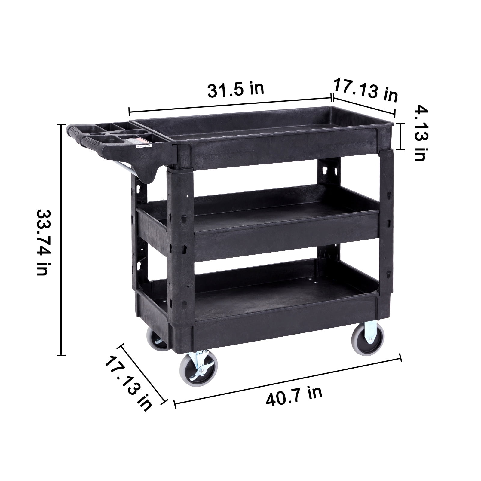 KFFKFF Utility Service Cart 360° Swivel Wheels 550lbs 3 Shelf (2 with Brakes)