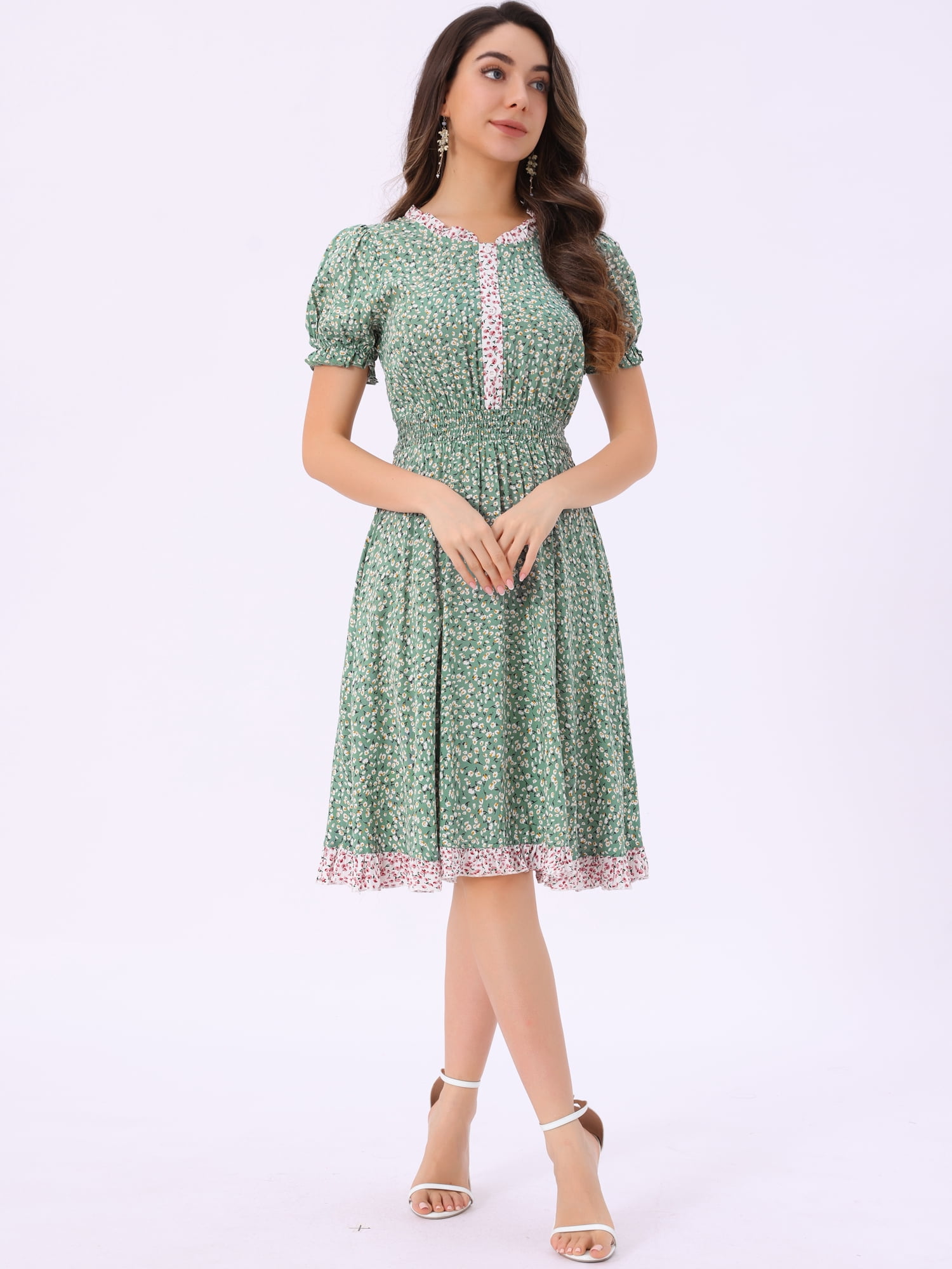 DARING DIVA Floral Ruffle Neck Smocked Waist Dress M Light Green
