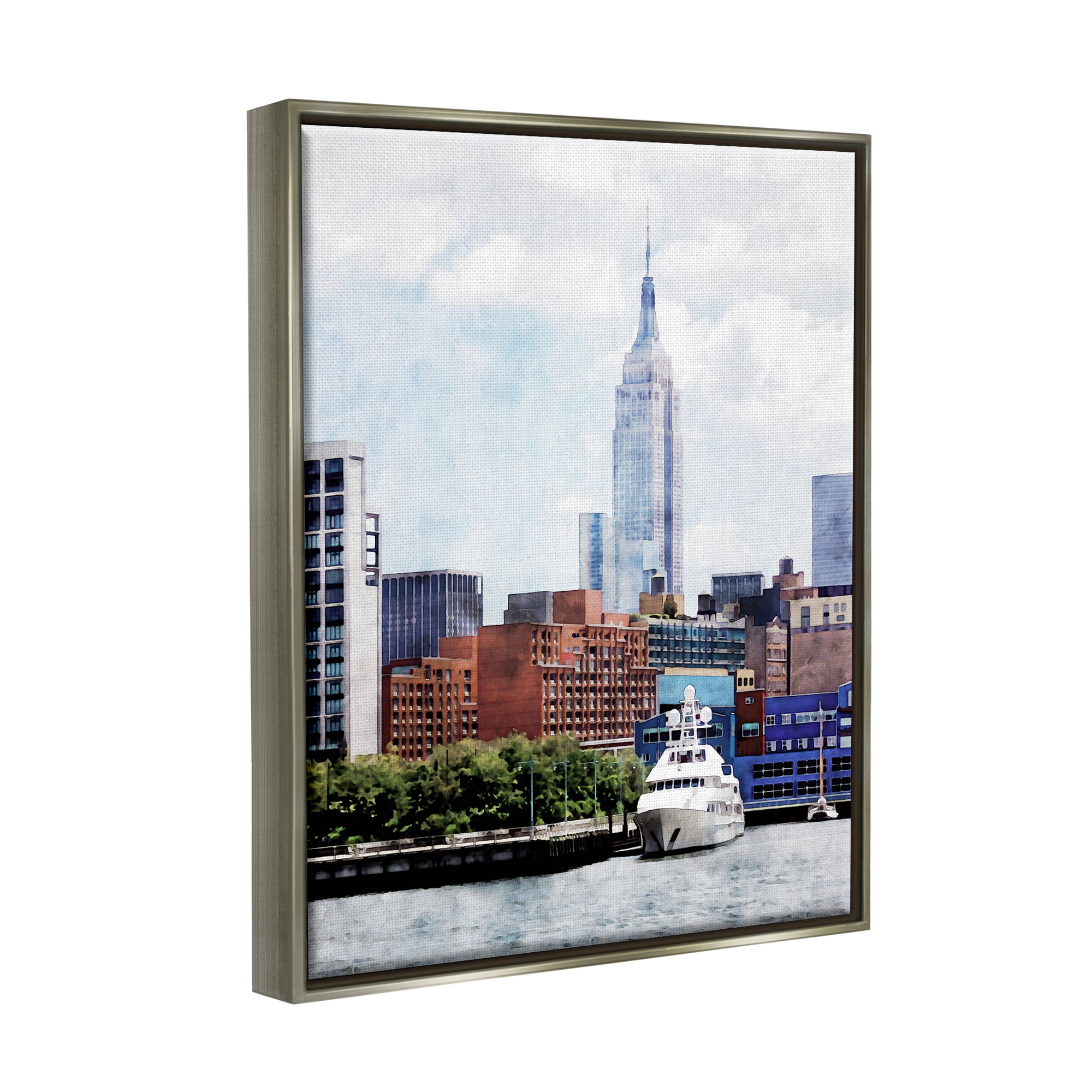 Stupell Industries New York Pier Metropolis Skyline Town & City Painting Gray Floater Framed Art Print Wall Art