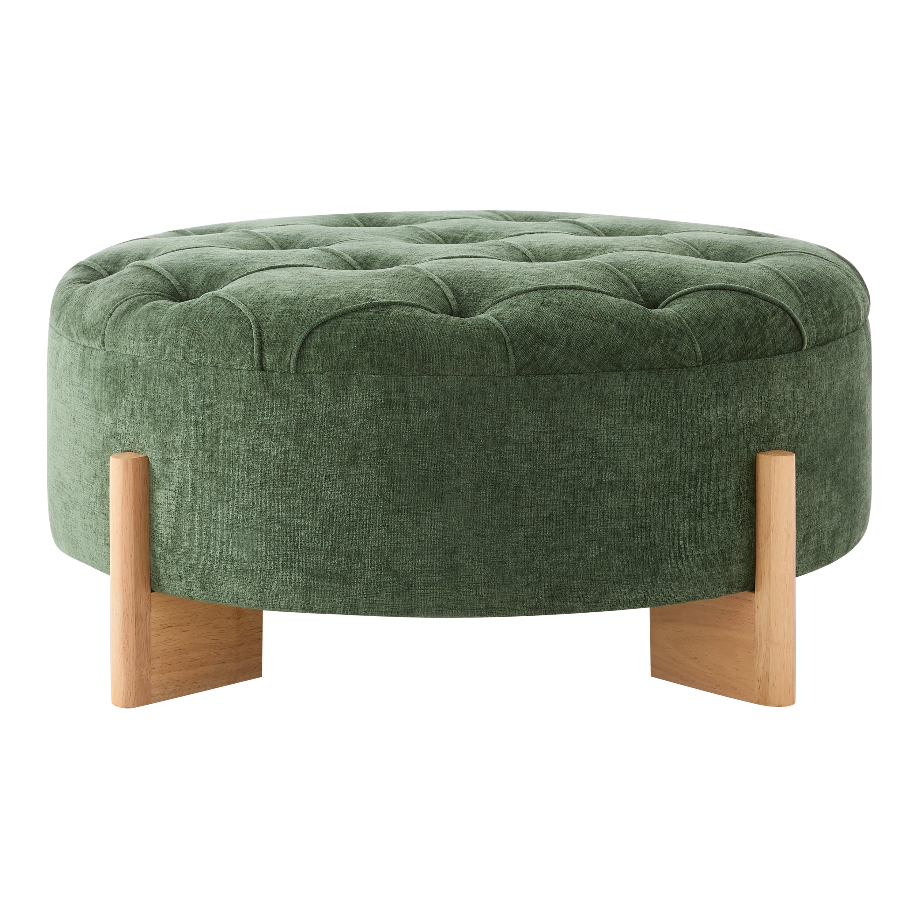 Ottoman, Footrest, Coffee Table, Round Tufted Stool with Sturdy Solid Wood L-Shaped Legs and Classic Piping Design, Chenille Fabric, for Living Room, Green