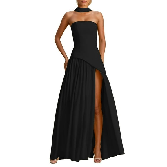Women Strapless Long Prom Dress Side Slit Dresses Formal Evening GownsRuched Gown with Scarf